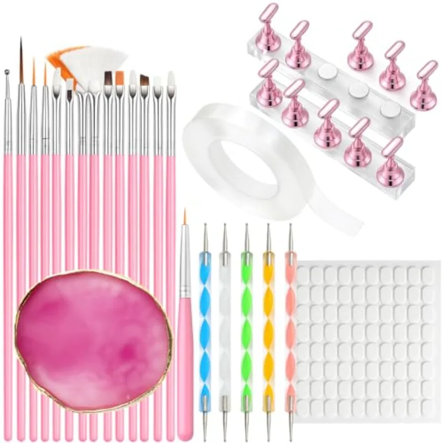 Nail Art Tools Set 15pcs Pink Nail Art Brushes, 5pcs Dual-Ended Dotting Pens, 10 Nail Stands with 2 Bases, Nail Art Palette, Do
Nail Art Tools Set 15pcs Pink Nail Art Brushes, 5pcs Dual-Ended Dotting Pens, 10 Nail Stands with 2 Bases, Nail Art Palette, Do