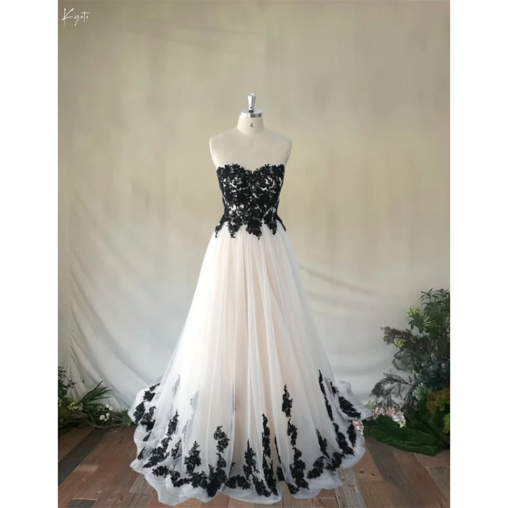 Customized Strapless Black Floral Embroidery Wedding Dress A-line Floor-length vestidos de novia Zip Back Evening Dresses 2025
Customized Strapless Black Floral Embroidery Wedding Dress A-line Floor-length vestidos de novia Zip Back Evening Dresses 2025