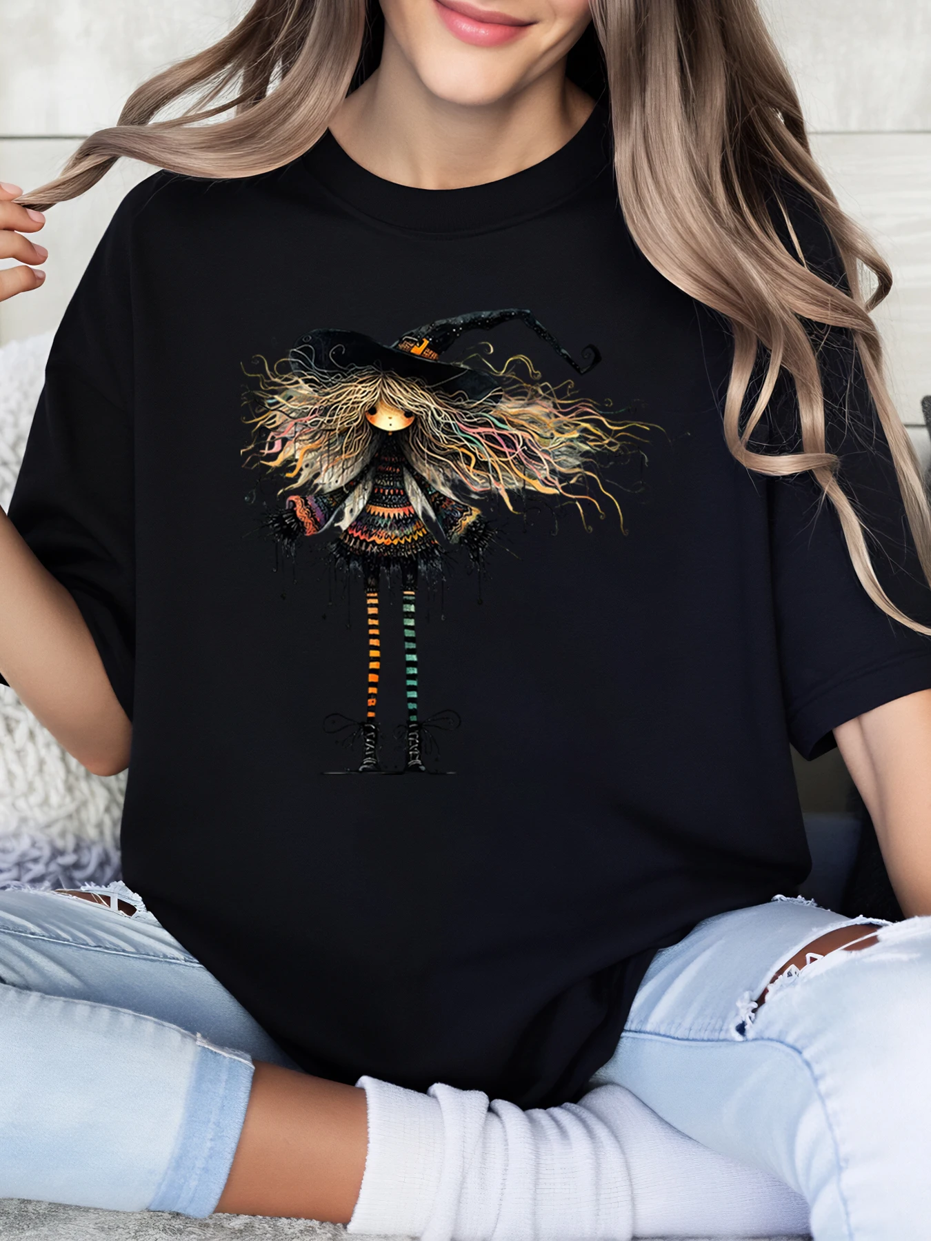 Witch with Long Hair and Hat Halloween Print t Shirt Women Casual Wear Party Outfit Black Plus-Size
Witch with Long Hair and Hat Halloween Print t Shirt Women Casual Wear Party Outfit Black Plus-Size