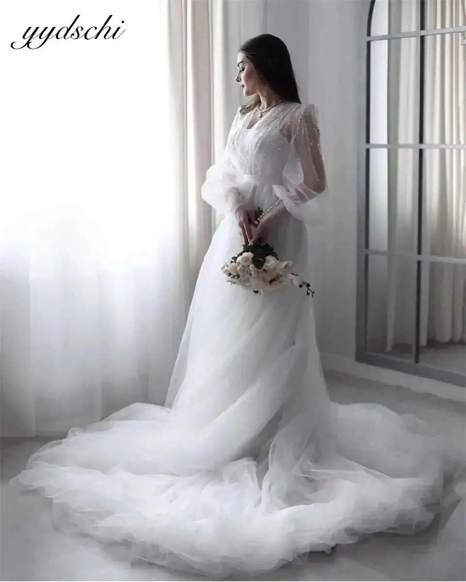Charming 2025 Appliques Beading Sequined Puff Shoulder Full Sleeves Tulle Wedding Dress For Women Court Train Bridal Gown
Charming 2025 Appliques Beading Sequined Puff Shoulder Full Sleeves Tulle Wedding Dress For Women Court Train Bridal Gown