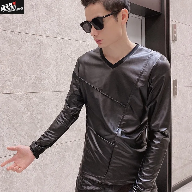 Spring PU Leather T-shirt Breathable Men Trendy Cotton Stitching Long sleeved Bottoming Shirt Korean Personality Tight Jacket
Spring PU Leather T-shirt Breathable Men Trendy Cotton Stitching Long sleeved Bottoming Shirt Korean Personality Tight Jacket