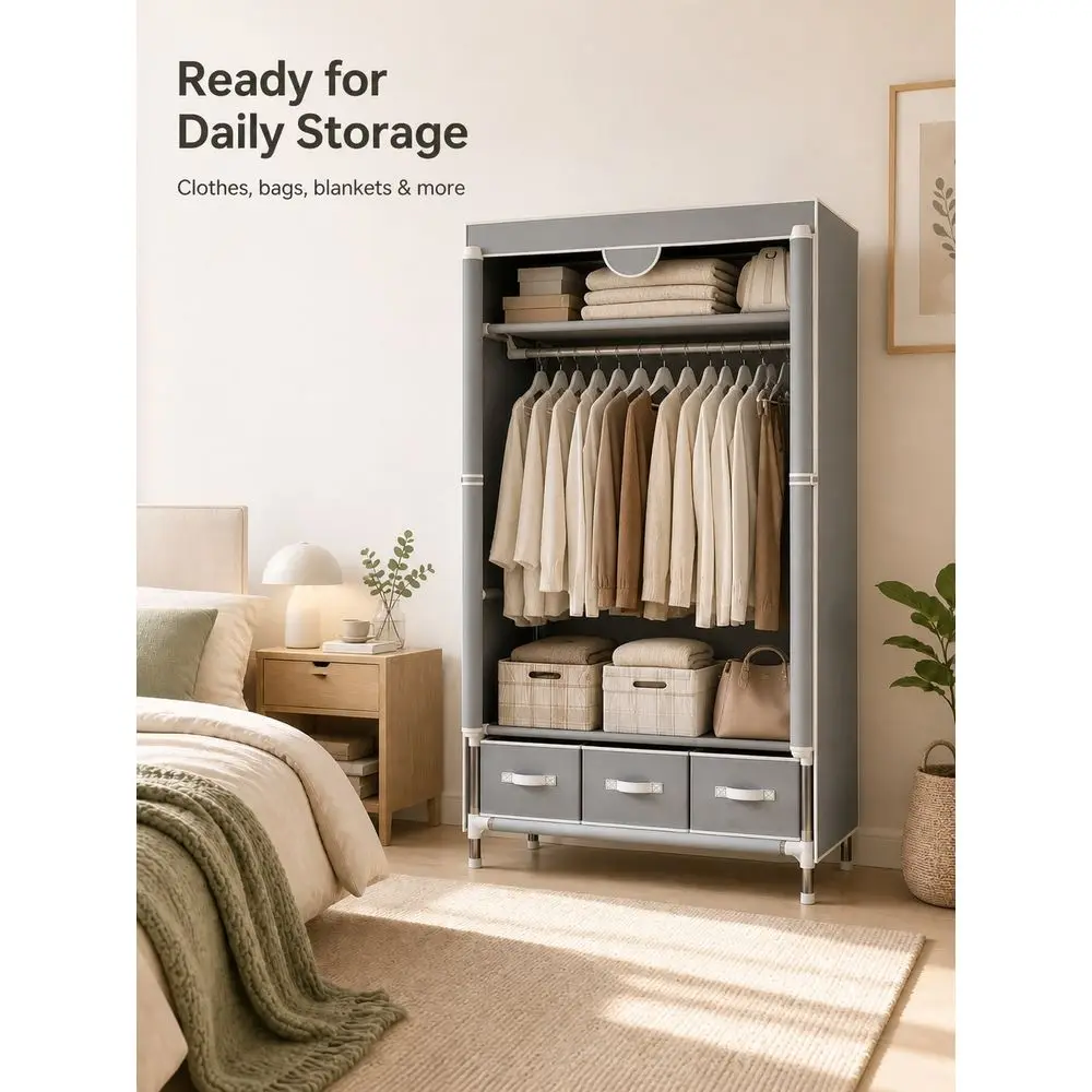 Portable Metal Wardrobe With RollUp Door 3 NonWoven Drawer Storage Boxes Freestanding Clothing Rack Closet For Bedroom, Cloakro
Portable Metal Wardrobe With RollUp Door 3 NonWoven Drawer Storage Boxes Freestanding Clothing Rack Closet For Bedroom, Cloakro
