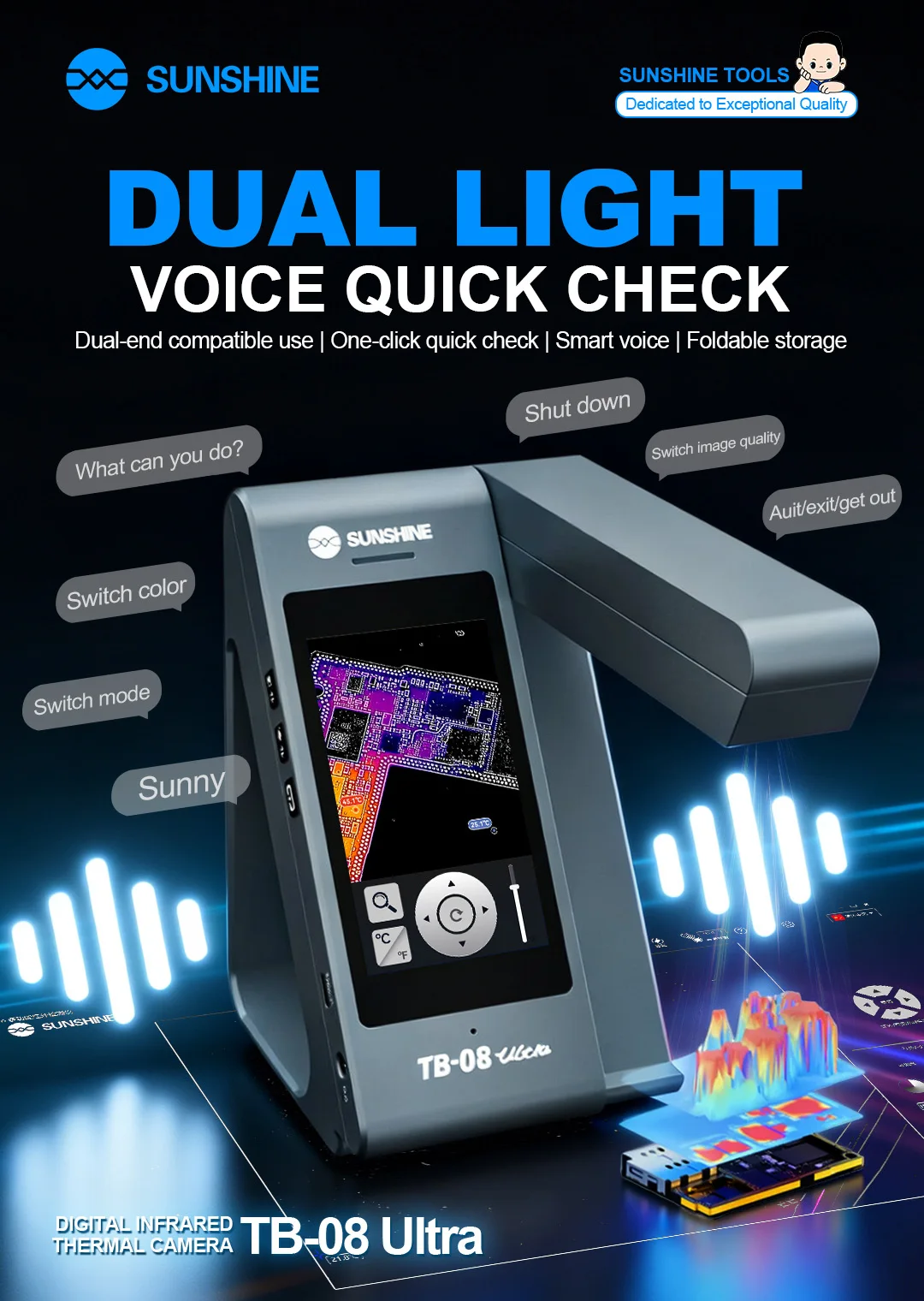 SUNSHINE TB-08 Ultra Digital Infrared Detector 4-inch Touch Screen Intelligent Voice For Circuit Board Inspection Repair Tools
SUNSHINE TB-08 Ultra Digital Infrared Detector 4-inch Touch Screen Intelligent Voice For Circuit Board Inspection Repair Tools