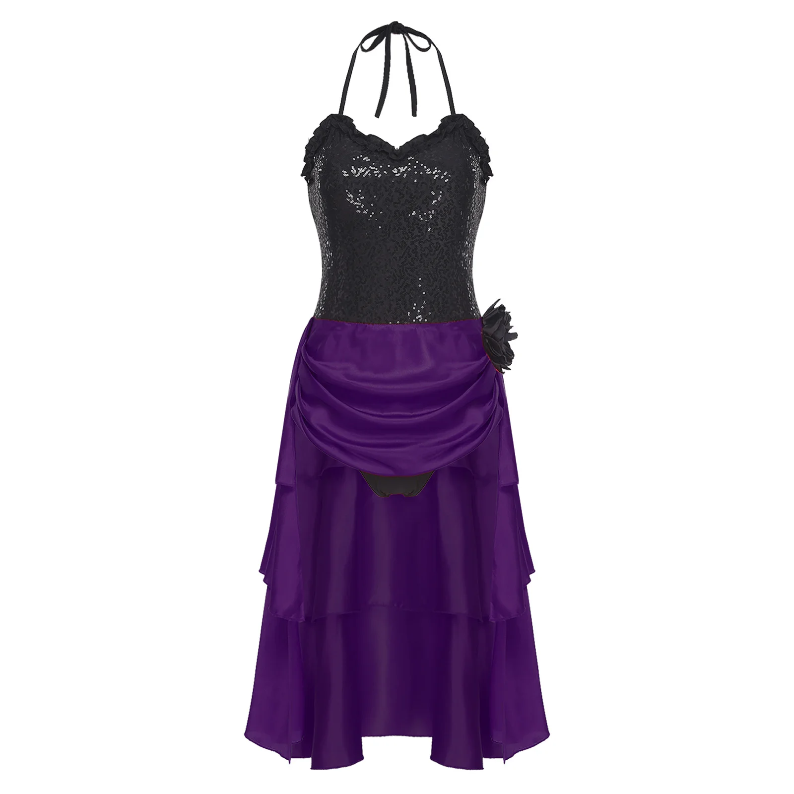 Latin Dance Dress for Women Sparkling Sequined Halter Top with Floral Brooch And Flowy Tiered Skirt for Latin Ballet Dance Show
Latin Dance Dress for Women Sparkling Sequined Halter Top with Floral Brooch And Flowy Tiered Skirt for Latin Ballet Dance Show