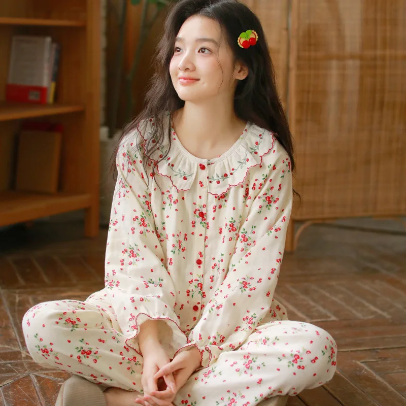 Women's 100% Cotton Gauze Pajamas Set Spring Autumn New Long-sleeved Pants Two-piece Set Sweet Girls Flower Print Sleepwear
Women's 100% Cotton Gauze Pajamas Set Spring Autumn New Long-sleeved Pants Two-piece Set Sweet Girls Flower Print Sleepwear