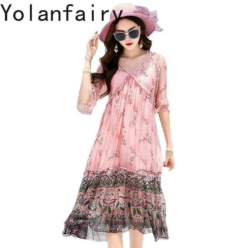 YOLANFAIRY New 100% Real Mulberry Silk Woman Dress 2026 Summer Elegant Floral Dress Butterfly Sleeves Fashion Pink Dress Women
YOLANFAIRY New 100% Real Mulberry Silk Woman Dress 2026 Summer Elegant Floral Dress Butterfly Sleeves Fashion Pink Dress Women
