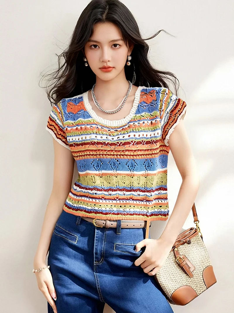 2025 Summer New Colorful Lace Crochet Knitted Sweater Short-sleeved Women's T-shirt Cropped Tops Streetwear
2025 Summer New Colorful Lace Crochet Knitted Sweater Short-sleeved Women's T-shirt Cropped Tops Streetwear