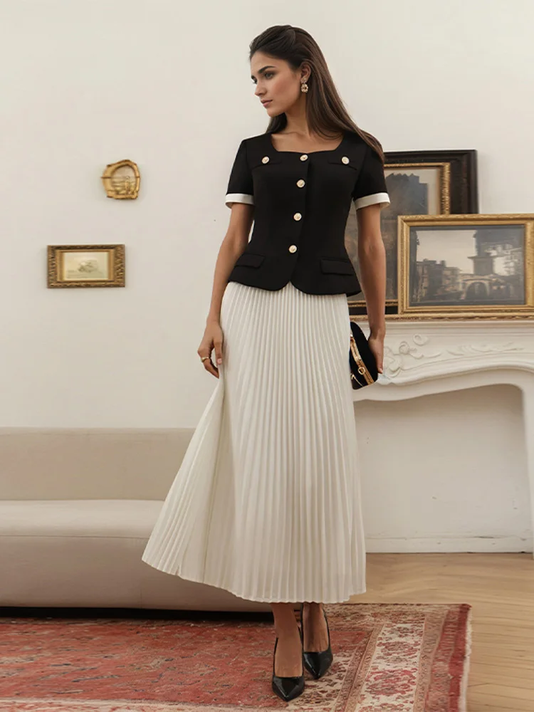 Elegant Button Women's Skirt Suit Square Collar Short Sleeve Contrast Cuffs Top Pleated Skirt Set Female Lady Evening Outfits
Elegant Button Women's Skirt Suit Square Collar Short Sleeve Contrast Cuffs Top Pleated Skirt Set Female Lady Evening Outfits