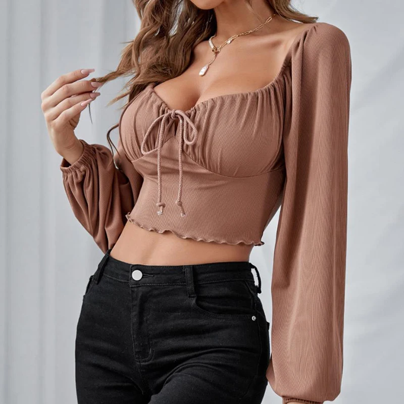 New Design Heart Neck Sexy Shirts for Women Long Sleeves Elastic Waist Ruched Top Summer Chic Ruffles Slim Chiffon Blouses Brown
New Design Heart Neck Sexy Shirts for Women Long Sleeves Elastic Waist Ruched Top Summer Chic Ruffles Slim Chiffon Blouses Brown