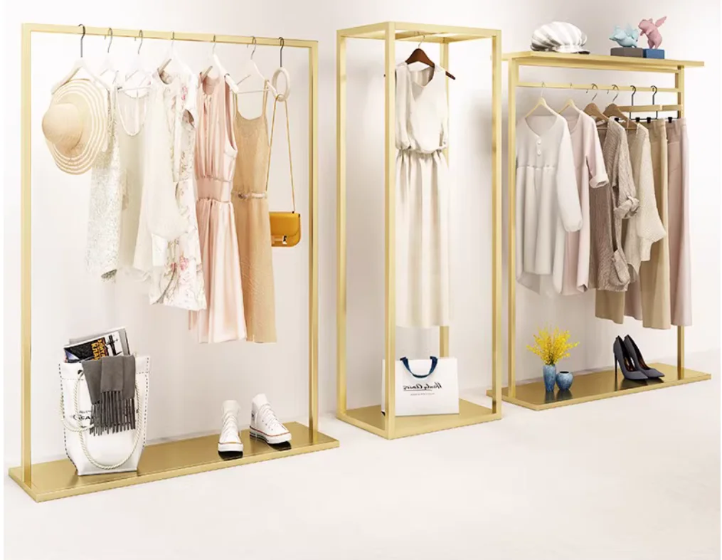 Clothing store hanger display rack, floor standing hanging rack, golden display rack
Clothing store hanger display rack, floor standing hanging rack, golden display rack