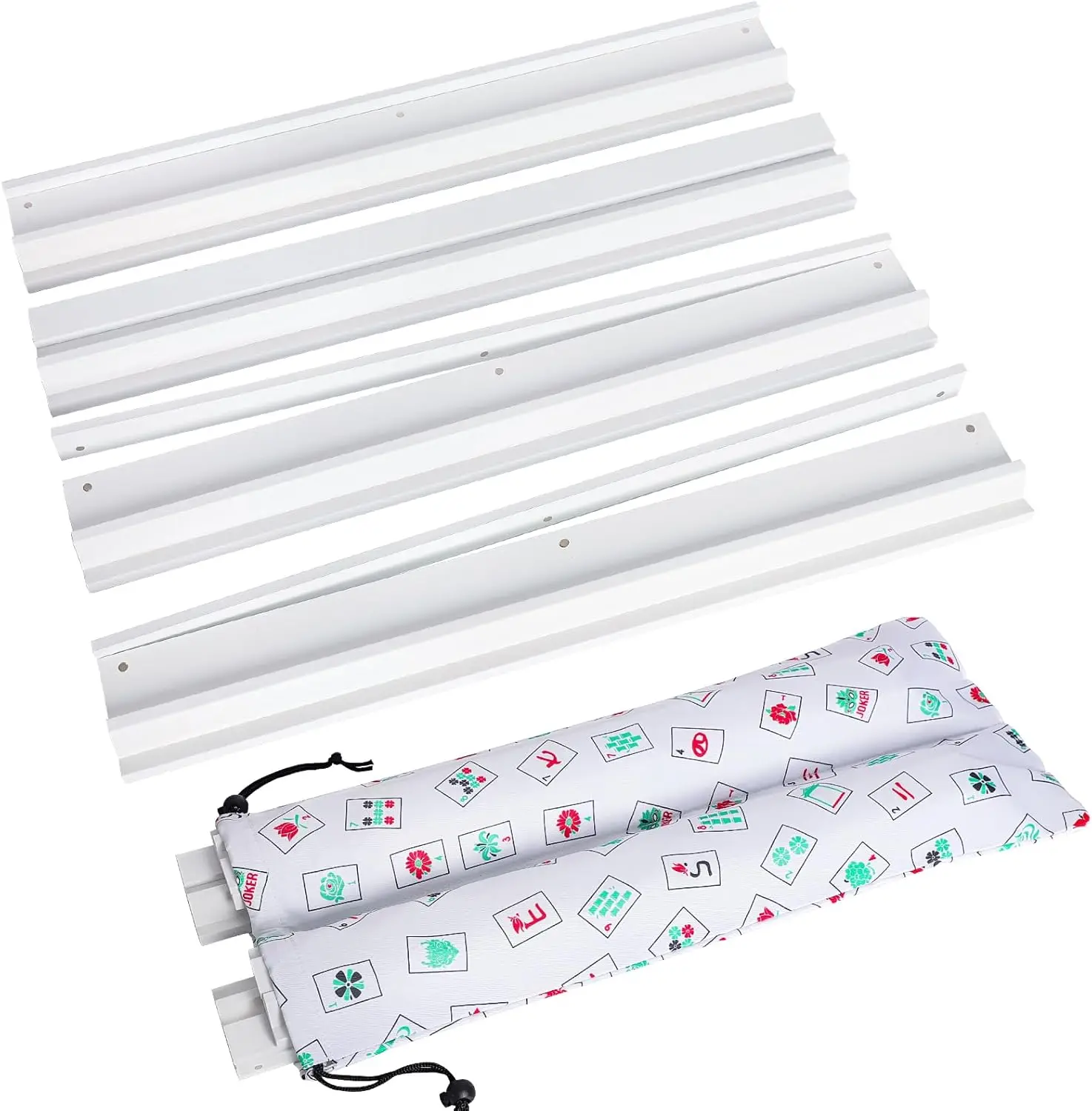 White Wooden Mahjong Racks with Pushers, Set of 4, Includes Drawstring Bag for Tile Storage (19.68 Inches)
White Wooden Mahjong Racks with Pushers, Set of 4, Includes Drawstring Bag for Tile Storage (19.68 Inches)