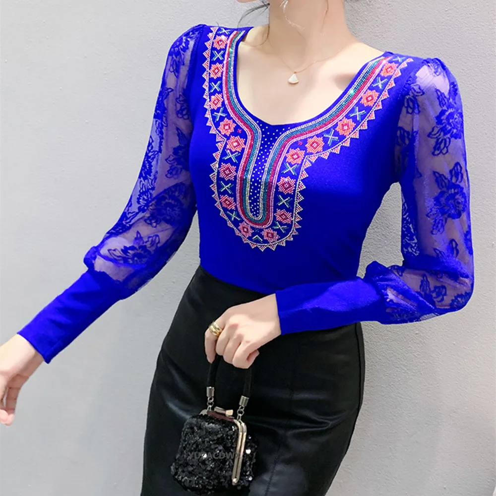 Autumn Winter Long Sleeved O-Neck Mesh Tees Fashionable Luxury Retro Hot Diamond Women's T-Shirt Lace Clothes
Autumn Winter Long Sleeved O-Neck Mesh Tees Fashionable Luxury Retro Hot Diamond Women's T-Shirt Lace Clothes