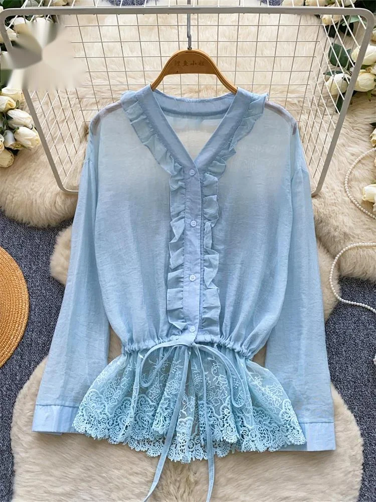 Embroidery Lace Classy Top Summer V Neck Ruffle Drawstring Loose Korean Blouses Female Lazy Fashion Office Lady Shirt
Embroidery Lace Classy Top Summer V Neck Ruffle Drawstring Loose Korean Blouses Female Lazy Fashion Office Lady Shirt