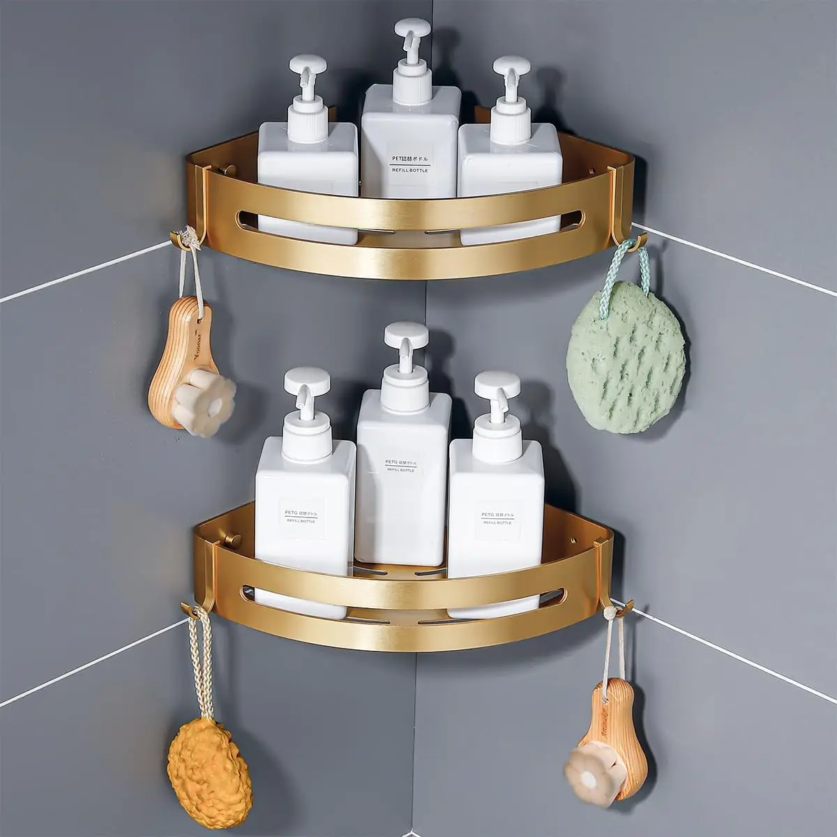 Brushed Brass Finish Dual Tier Corner Shelf For Shower Bathroom Organizer With Adhesive Or Screw Mount
Brushed Brass Finish Dual Tier Corner Shelf For Shower Bathroom Organizer With Adhesive Or Screw Mount