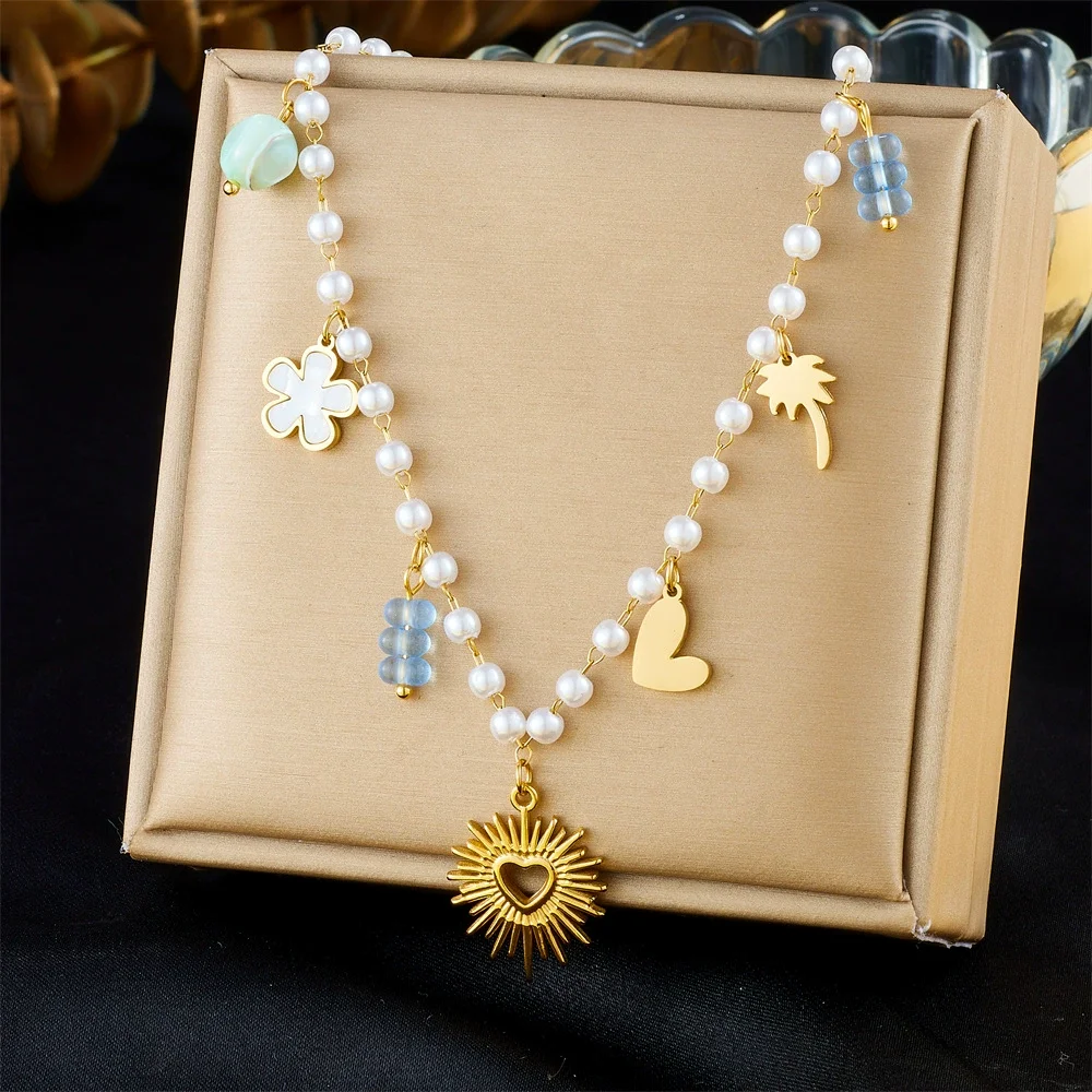18K Gold Sunburst Heart Pendant Necklace Imitation Pearl Palm Tree Clover Blue Bead 316L Stainless Steel Women Summer Jewelry
18K Gold Sunburst Heart Pendant Necklace Imitation Pearl Palm Tree Clover Blue Bead 316L Stainless Steel Women Summer Jewelry