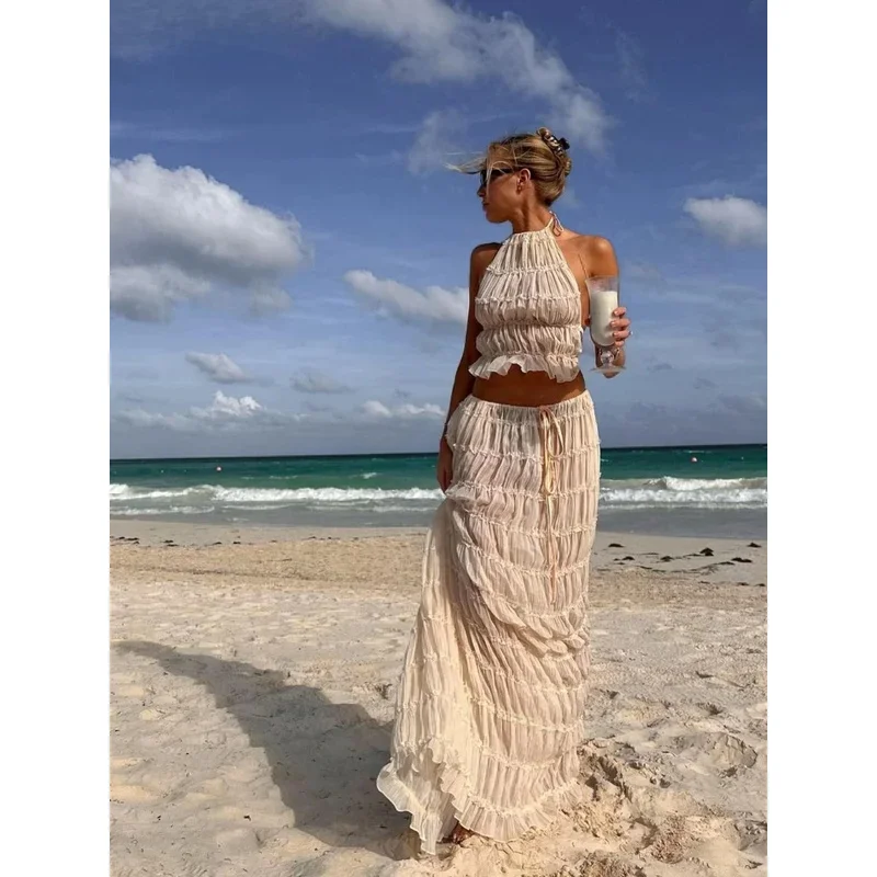 Pleated Crop Tops Long Skirt Suit Women Halter Sleeveless Backless Skirts Set 2024 Summer Ladies Sexy 2 Piece Set Beach Outfit
Pleated Crop Tops Long Skirt Suit Women Halter Sleeveless Backless Skirts Set 2024 Summer Ladies Sexy 2 Piece Set Beach Outfit