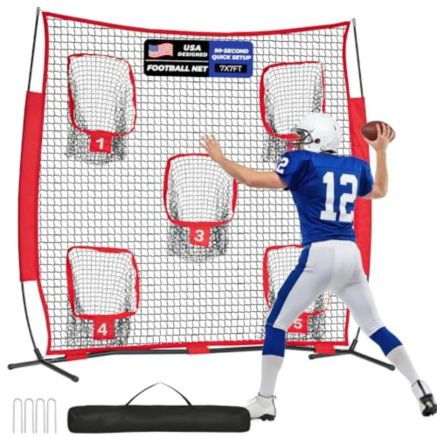 7x7ft Football Throwing Net, Quarterback Training Equipment with 5 Target Pockets, Includes Football, Portable Carry Bag
7x7ft Football Throwing Net, Quarterback Training Equipment with 5 Target Pockets, Includes Football, Portable Carry Bag