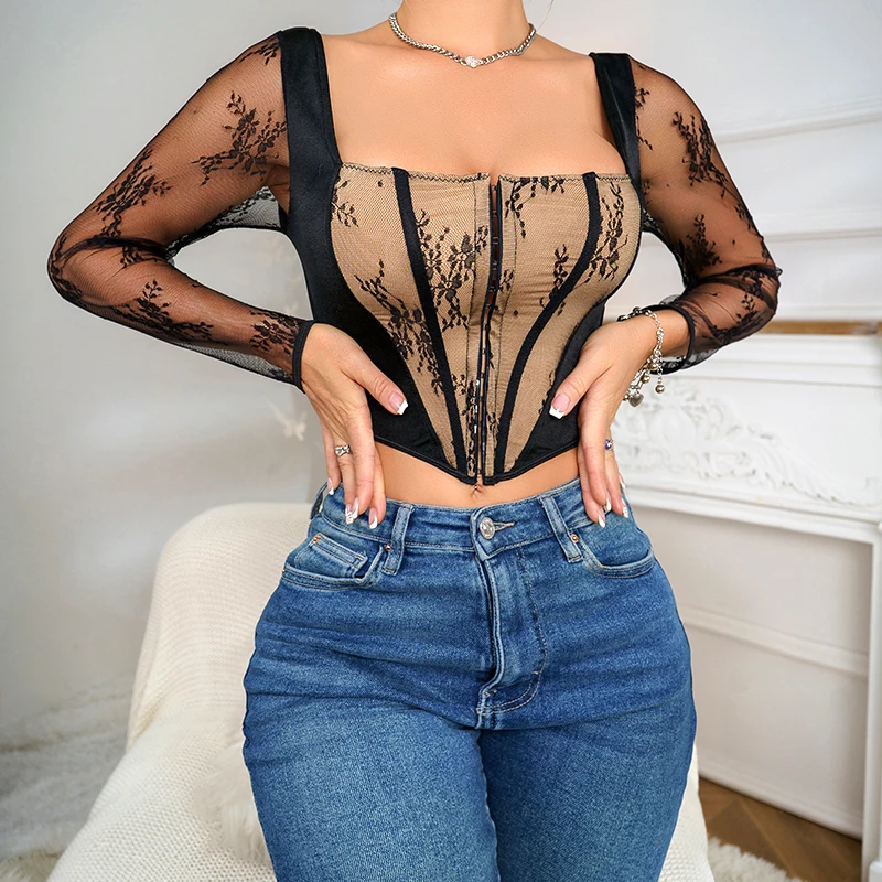 Women's Top Sexy Lace Patchwork Square Collar Without Steel Ring Chest Cushion Making Front Breasted Fishbone Waistband Top
Women's Top Sexy Lace Patchwork Square Collar Without Steel Ring Chest Cushion Making Front Breasted Fishbone Waistband Top 