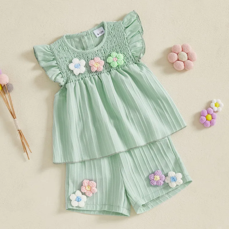 9 Months to 4 Years Baby Girl Shorts Sets 3D Flower Smocked Fly Sleeve Babydoll Tops Elastic Waist Shorts Summer Clothes
9 Months to 4 Years Baby Girl Shorts Sets 3D Flower Smocked Fly Sleeve Babydoll Tops Elastic Waist Shorts Summer Clothes