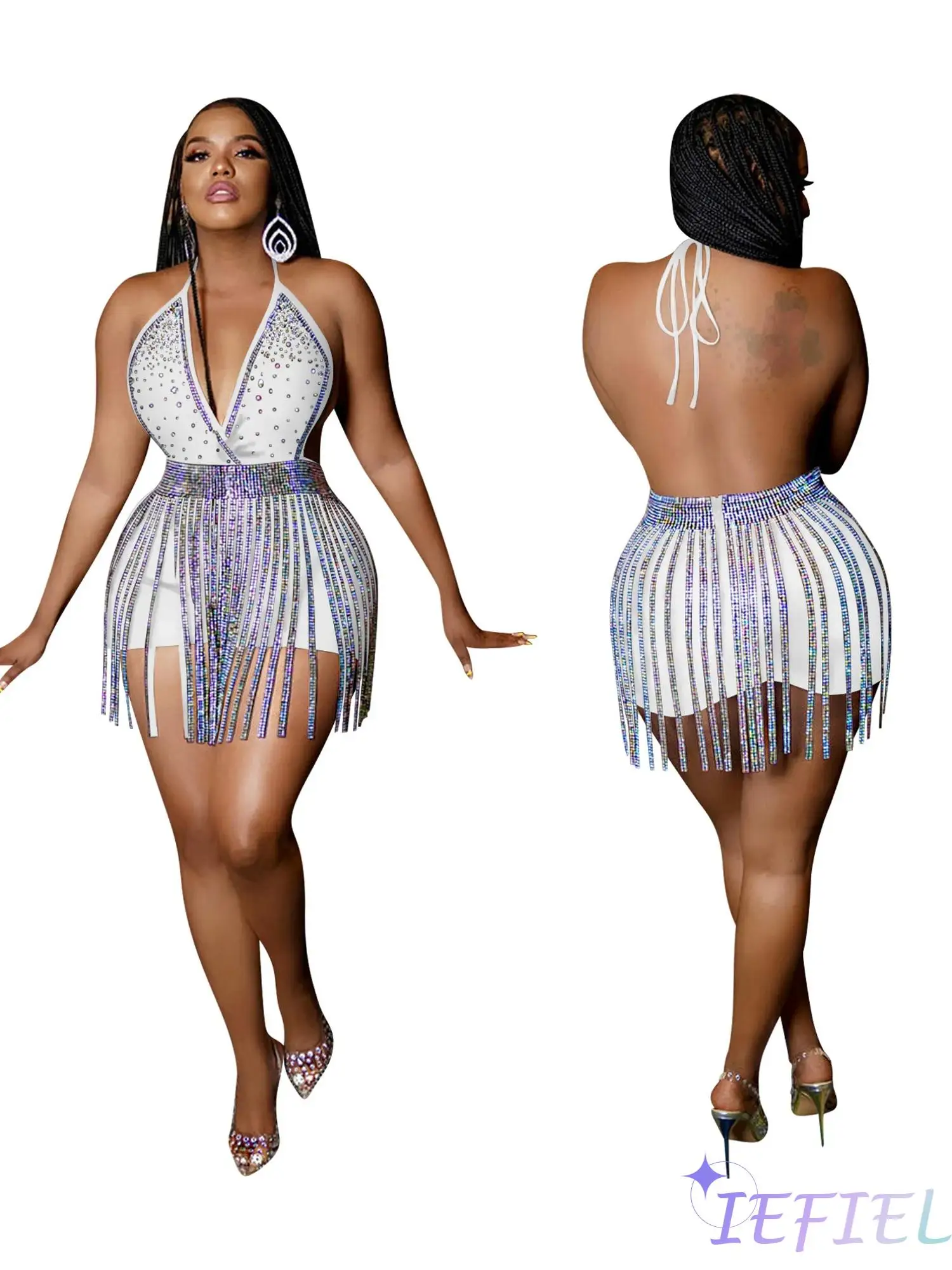 Women Rhinestone Latin Jazz Dance Set Deep V Neck Halter Sleeveless Backless Bodysuit with Tassel Skirt 2 Piece Glitter Clubwear
Women Rhinestone Latin Jazz Dance Set Deep V Neck Halter Sleeveless Backless Bodysuit with Tassel Skirt 2 Piece Glitter Clubwear