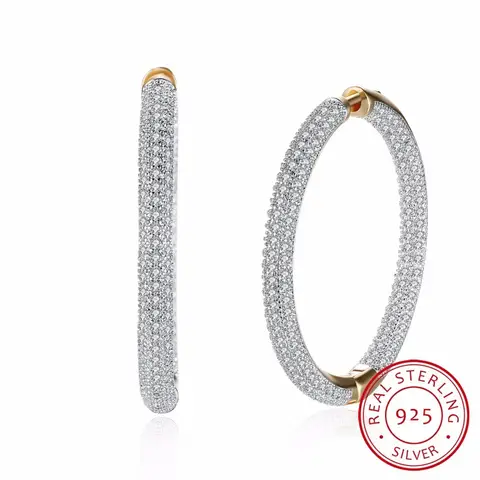 Big Round Hoop Earrings Paved AAA Zirconia For Women Jewelry Brincos Unique Clear Rhinestone 925 Sterling Silver Fine Jewelry