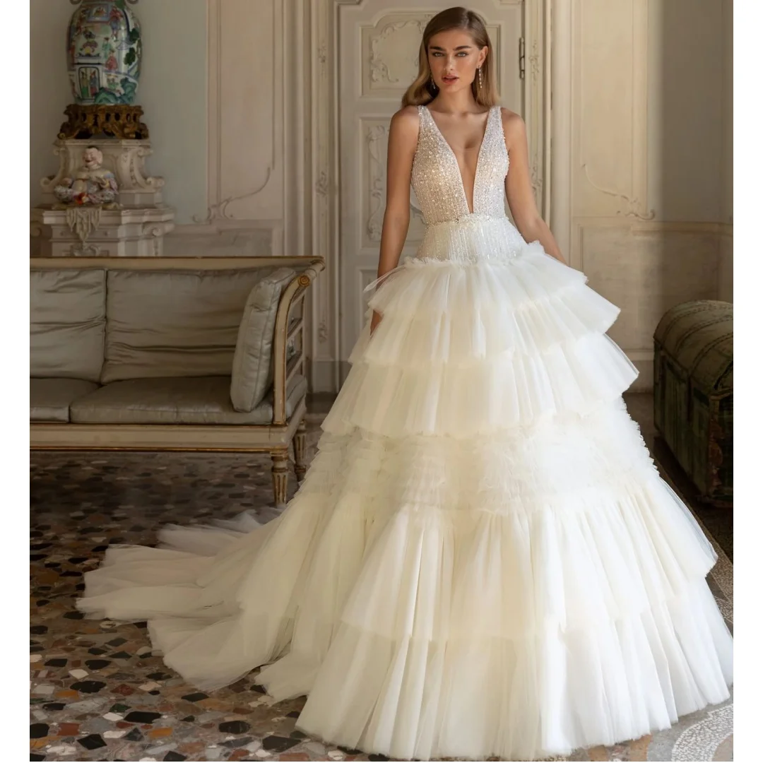 Luxury Wedding Dresses for Brides Sequin V Neck vestidos de novia Ruffles Reception Dress Customized Ball Gown robe de mariée
Luxury Wedding Dresses for Brides Sequin V Neck vestidos de novia Ruffles Reception Dress Customized Ball Gown robe de mariée