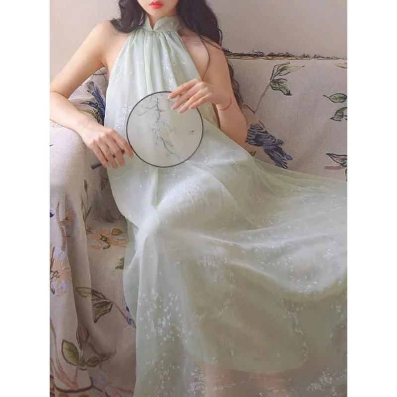 Women's Chinese Style Halter Neck Maxi Dress Sleeveless Chiffon Green Floral Loose Long Dress
Women's Chinese Style Halter Neck Maxi Dress Sleeveless Chiffon Green Floral Loose Long Dress