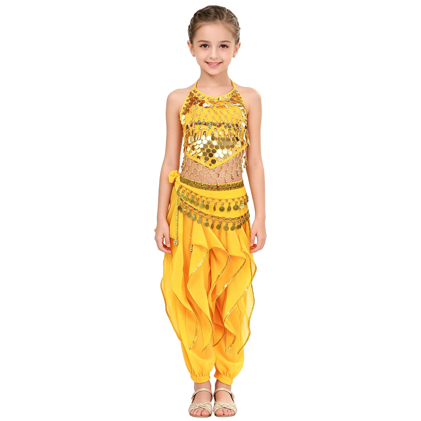 Kids Girls Sequin Tassel Belly Dancing Outfit Self-tie Backless Crop Top with Ruffle Pants Waist Chain Indian Dance Costume
Kids Girls Sequin Tassel Belly Dancing Outfit Self-tie Backless Crop Top with Ruffle Pants Waist Chain Indian Dance Costume