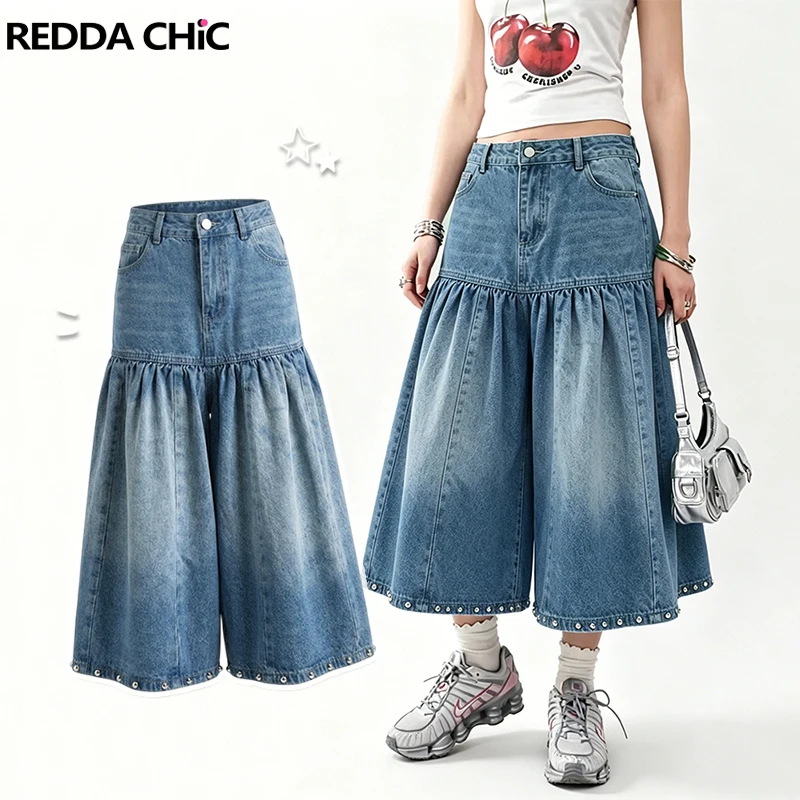 REDDACHiC Women's Denim Culottes Vintage Wash Baggy Jean Shorts Studded Loose Wide Leg Ruffle Bloomers Casual Summer Streetwear
REDDACHiC Women's Denim Culottes Vintage Wash Baggy Jean Shorts Studded Loose Wide Leg Ruffle Bloomers Casual Summer Streetwear