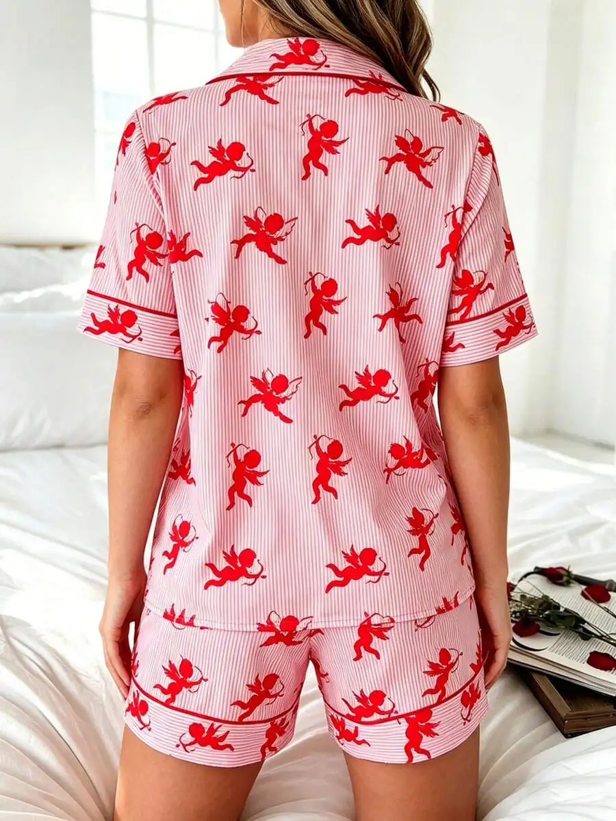 Womens Short Sleeve Pajama Set With Cupid Cartoon Print And Striped Pattern
Womens Short Sleeve Pajama Set With Cupid Cartoon Print And Striped Pattern