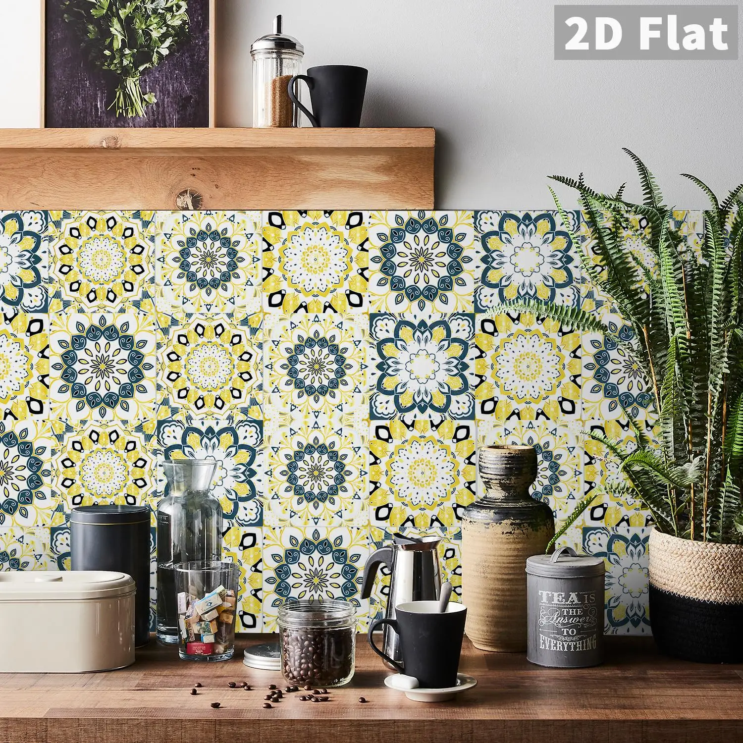 Yellow and blue mandala patterned ceramic tile stickers for kitchen, living room, and bathroom decoration
Yellow and blue mandala patterned ceramic tile stickers for kitchen, living room, and bathroom decoration