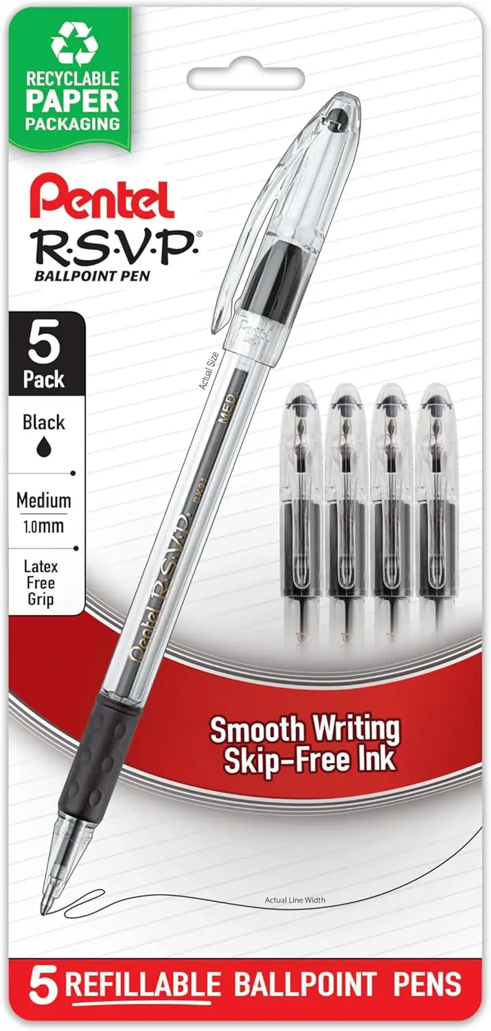 Pentel RSVP Ballpoint Pen, (1.0mm), Medium Line, Black Ink, Pack of 5 (BK91BP5A)
Pentel RSVP Ballpoint Pen, (1.0mm), Medium Line, Black Ink, Pack of 5 (BK91BP5A)