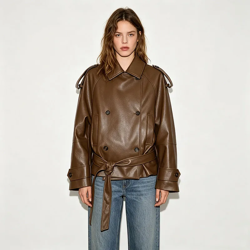 Women Faux Leather Jacket 2026 Spring New Casual Long Sleeve Belted Short Trench Coat Double Breasted Fashion Outerwear
Women Faux Leather Jacket 2026 Spring New Casual Long Sleeve Belted Short Trench Coat Double Breasted Fashion Outerwear
