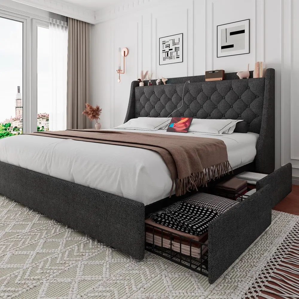 Queen Bed Frame with 4 Storage Drawers, Upholstered Platform Bed Frame with TypeC amp USB Ports, Wingback Storage Headboard, So
Queen Bed Frame with 4 Storage Drawers, Upholstered Platform Bed Frame with TypeC amp USB Ports, Wingback Storage Headboard, So