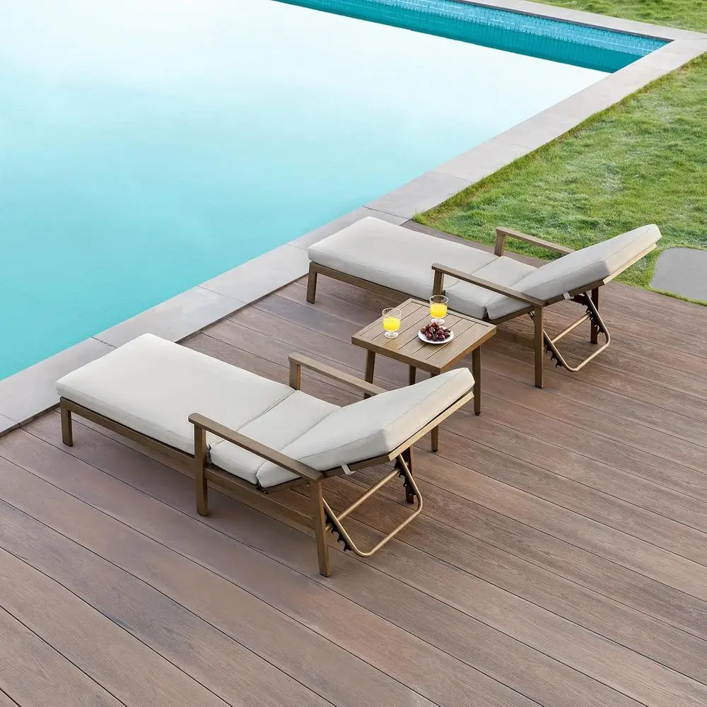 3-Piece Teak Outdoor Lounge Chair Set with Side Table and Gray Cushions for Poolside, Beach, and Patio
3-Piece Teak Outdoor Lounge Chair Set with Side Table and Gray Cushions for Poolside, Beach, and Patio