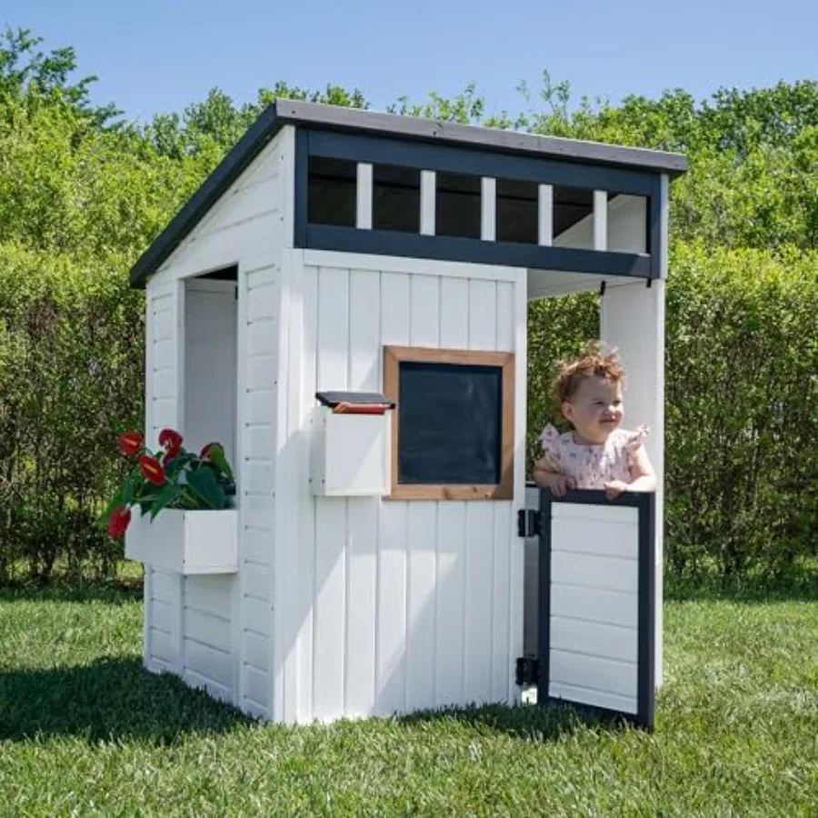 Outdoor kids playhouse for imaginative play, cedar wood, natural color, modern farmhouse design with play kitchen, chalkboard,
Outdoor kids playhouse for imaginative play, cedar wood, natural color, modern farmhouse design with play kitchen, chalkboard,