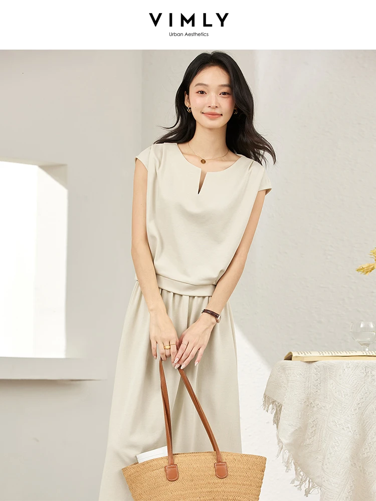 VIMLY summer Outfit Woman 2025 Elegant V-neck Top A-line Elastic Waist Skirt Ladies Apricot Suit Women's Clothing Set A1831
VIMLY summer Outfit Woman 2025 Elegant V-neck Top A-line Elastic Waist Skirt Ladies Apricot Suit Women's Clothing Set A1831