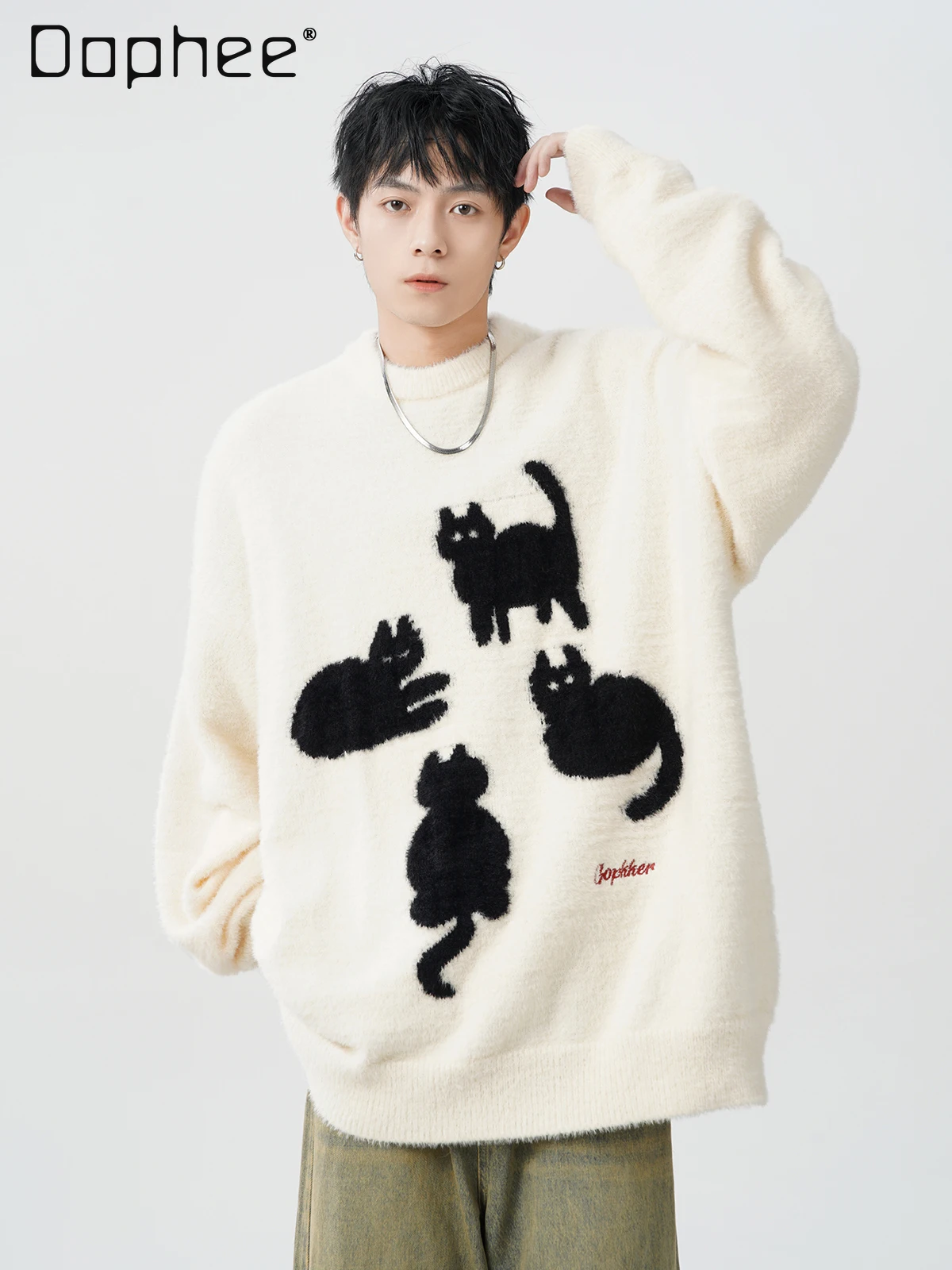 2025 Autumn Winter New American Style Men's Loose Casual Knitted Versatile White Black Cat Print Crew Neck Sweater
2025 Autumn Winter New American Style Men's Loose Casual Knitted Versatile White Black Cat Print Crew Neck Sweater