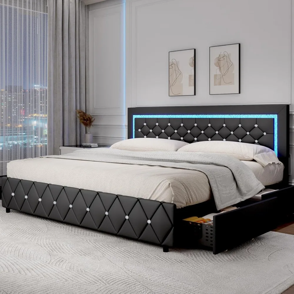 Luxurious King-Size Bed Frame with LED Lighting and Storage, Upholstered Platform Bed with Crystal-Tufted Headboard, Wooden Slat
Luxurious King-Size Bed Frame with LED Lighting and Storage, Upholstered Platform Bed with Crystal-Tufted Headboard, Wooden Slat