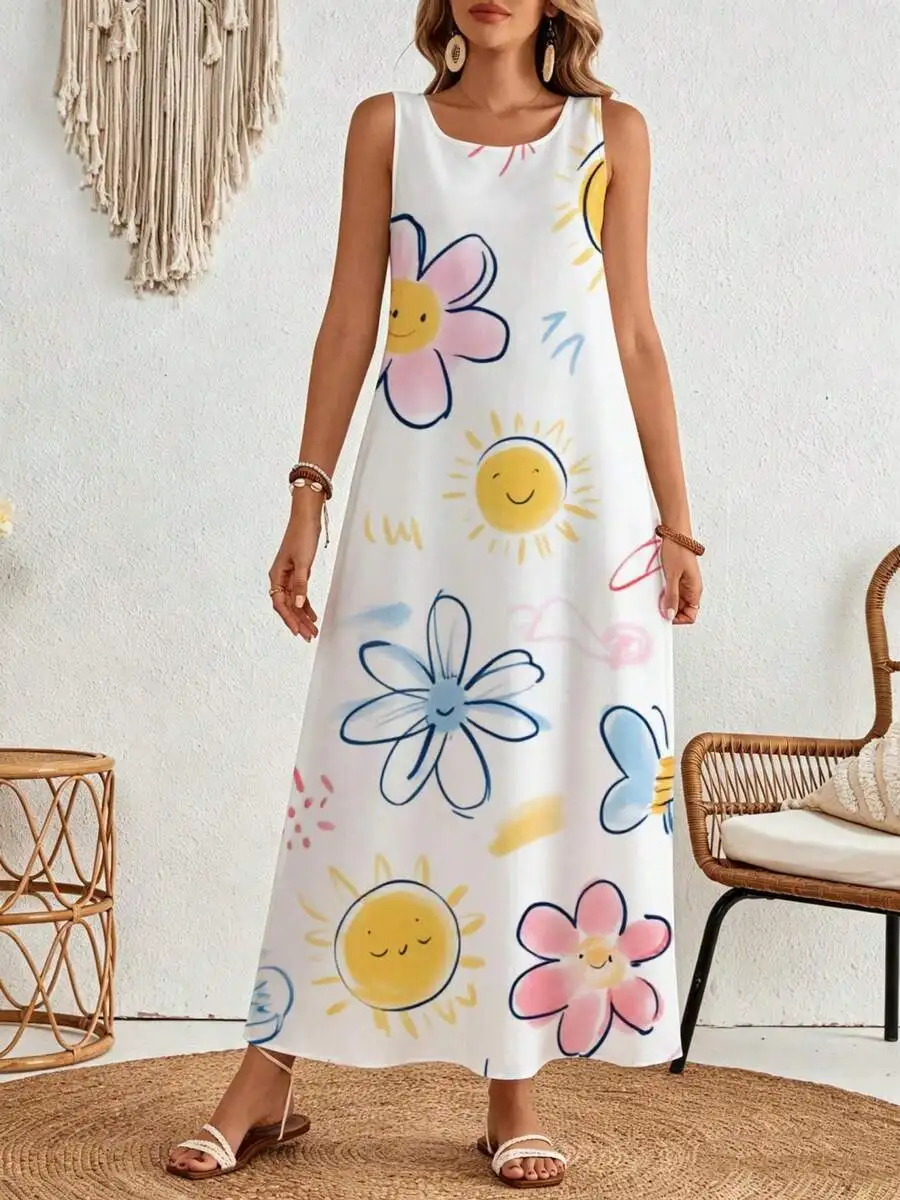 Sleeveless Maxi Dress White Floral Sun Print Summer Beach Wear Women Fashion
Sleeveless Maxi Dress White Floral Sun Print Summer Beach Wear Women Fashion