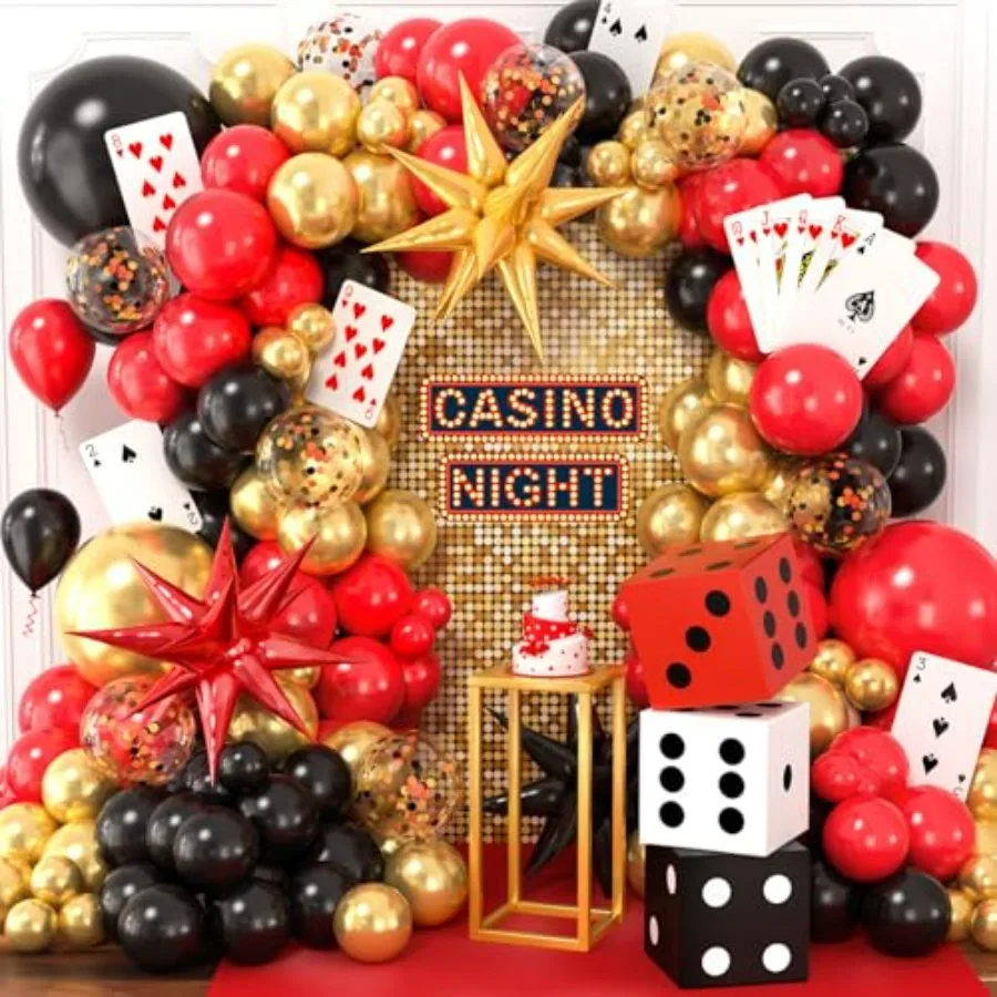 132Pcs Casino Theme Party Decorations, Dice Boxes Large Poker Cards Black Red Gold Balloon Garland Star Foil Balloons for Vegas
132Pcs Casino Theme Party Decorations, Dice Boxes Large Poker Cards Black Red Gold Balloon Garland Star Foil Balloons for Vegas