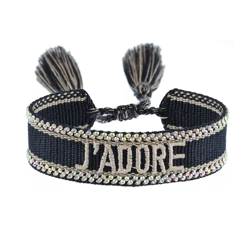 Colorful hot diamond braided bracelet women embroidery letters tassel hand rope fashion jewelry can be custom letter logo
Colorful hot diamond braided bracelet women embroidery letters tassel hand rope fashion jewelry can be custom letter logo