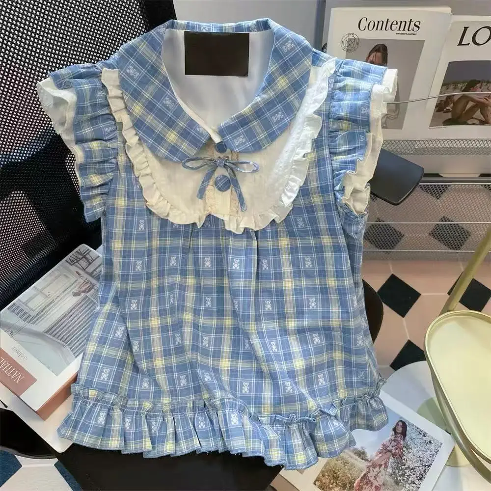 Sweet Cute Bear Plaid Doll Collar Women's Shirt Summer Ageless Fashion Fly Sleeve Top Chinese Style Versatile Slim Fit Shirt
Sweet Cute Bear Plaid Doll Collar Women's Shirt Summer Ageless Fashion Fly Sleeve Top Chinese Style Versatile Slim Fit Shirt