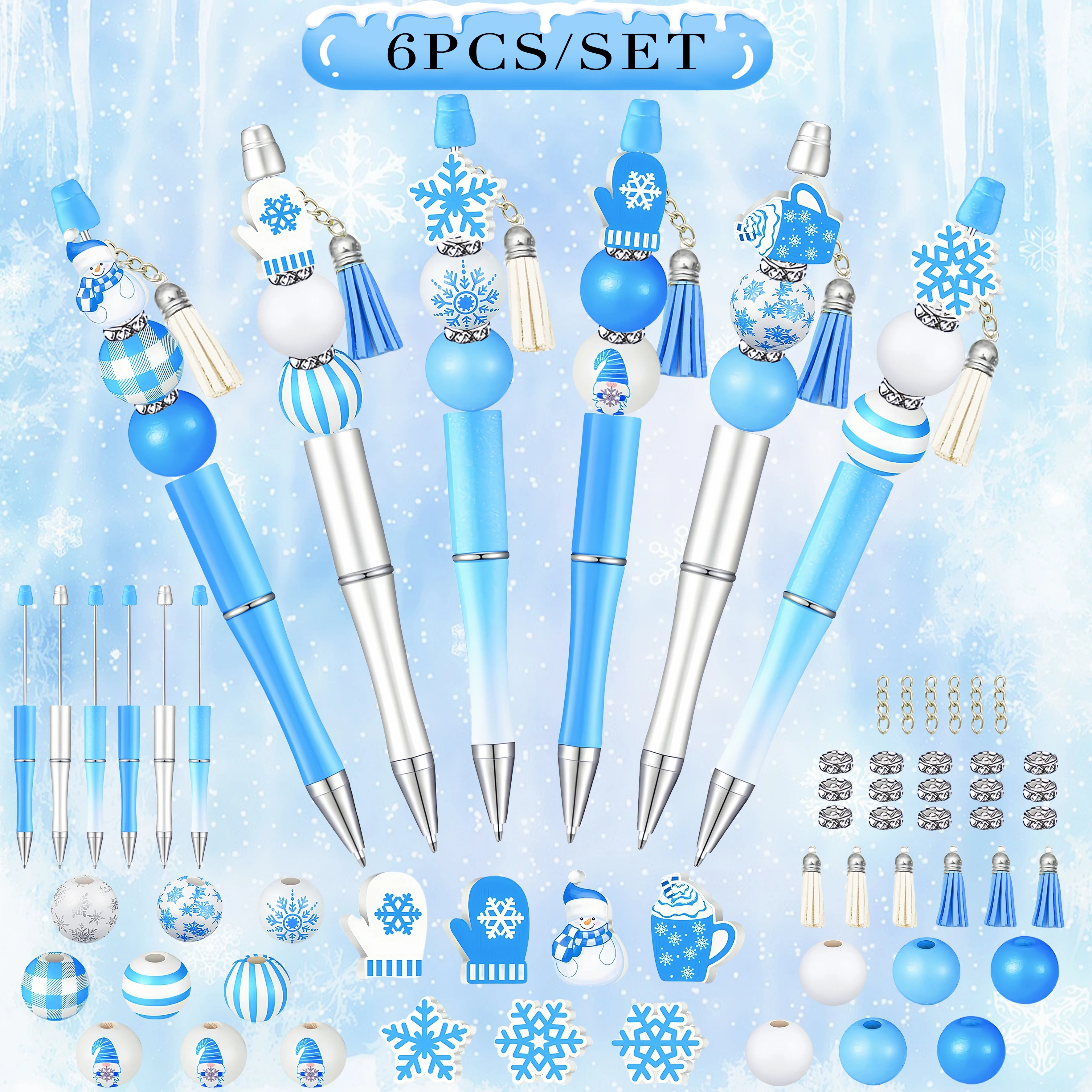 6pcs/set Christmas DIY Beaded Pen, Blue Snowflake Wooden Bead DIY Ballpoint Pen Set, for Learning Writing Office Stationery
6pcs/set Christmas DIY Beaded Pen, Blue Snowflake Wooden Bead DIY Ballpoint Pen Set, for Learning Writing Office Stationery