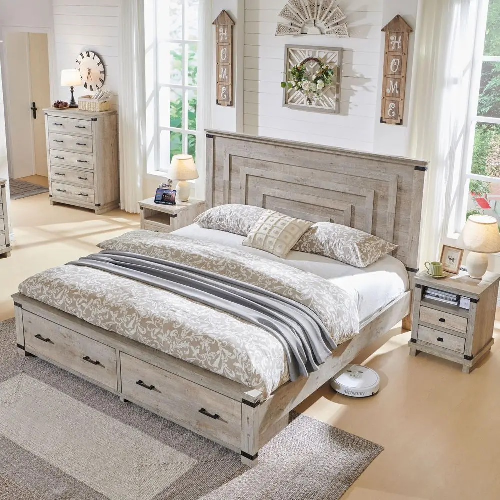 Farmhouse Queen Size Bed Frame with 54 Tall Geometric Headboard amp 2 Large Storage Drawers, Rustic Wood Platform Bed with Wood
Farmhouse Queen Size Bed Frame with 54 Tall Geometric Headboard amp 2 Large Storage Drawers, Rustic Wood Platform Bed with Wood
