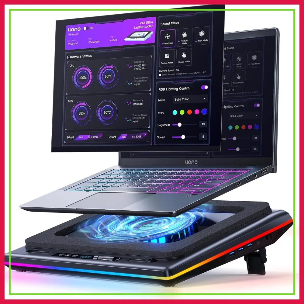 5.5" Turbo Fan Laptop Cooling Pad, RGB Gaming Cooler Stand, Smart Software Control, Adjustable Speed, 3-Port USB 3.0 Hub, 3 Height Stands, for 15.6"-19" Laptops
5.5" Turbo Fan Laptop Cooling Pad, RGB Gaming Cooler Stand, Smart Software Control, Adjustable Speed, 3-Port USB 3.0 Hub, 3 Height Stands, for 15.6"-19" Laptops
