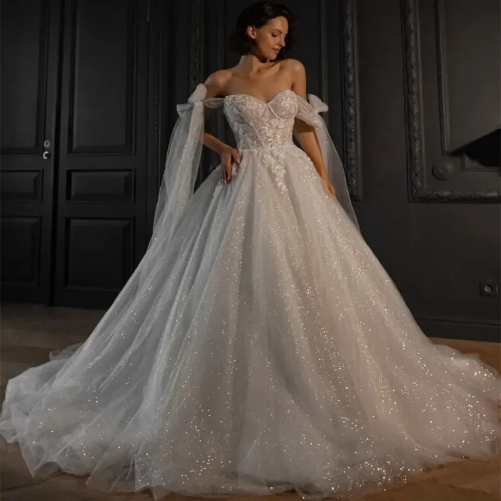 Romantic Shiny Wedding Dress Off Shoulder Sweetheart Straps Glamorous Princess Bridal Gown A-Line Elegant Vestidos Customized
Romantic Shiny Wedding Dress Off Shoulder Sweetheart Straps Glamorous Princess Bridal Gown A-Line Elegant Vestidos Customized