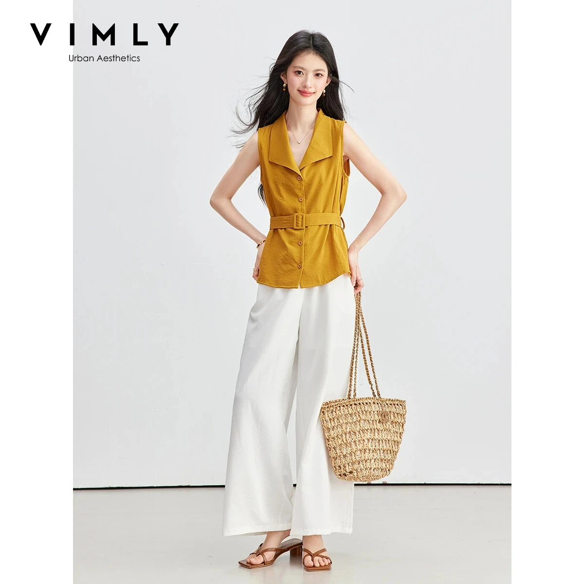 VIMLY Women Summer Commuter Suit 2026 New Sleeveless Shirt White Nine-point Wide-leg Pants 2 Piece Set Office Lady 31016
VIMLY Women Summer Commuter Suit 2026 New Sleeveless Shirt White Nine-point Wide-leg Pants 2 Piece Set Office Lady 31016