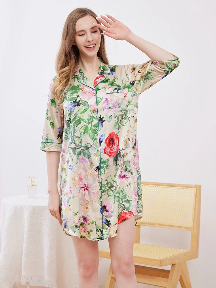 Floral 19MM Heavy Mulberry Silk Ladies Lapel Sleepshirt Nightgown Button Down Nightdress Chemise Sleepwear Cardigan Nightshirts
Floral 19MM Heavy Mulberry Silk Ladies Lapel Sleepshirt Nightgown Button Down Nightdress Chemise Sleepwear Cardigan Nightshirts