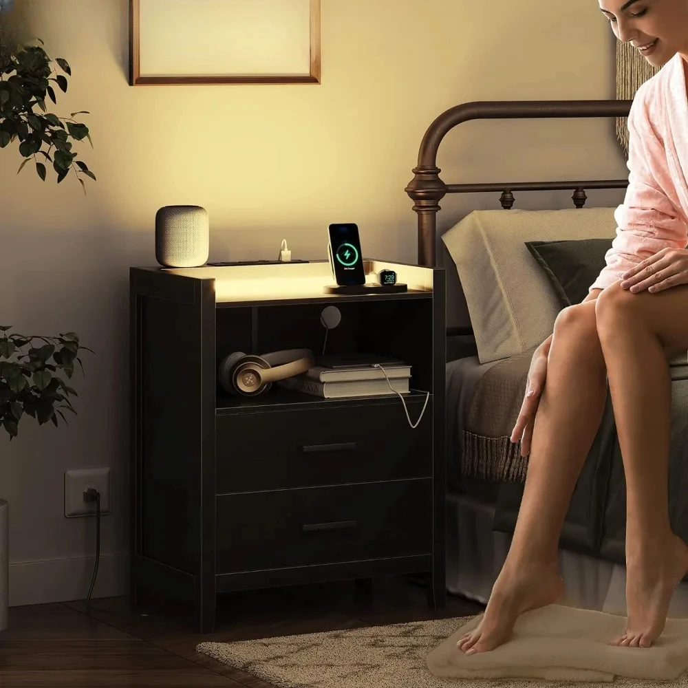 Nightstand with LED Lights and Charging Station, End Side Table with 2 Drawers and Open Storage, Nightstand
Nightstand with LED Lights and Charging Station, End Side Table with 2 Drawers and Open Storage, Nightstand